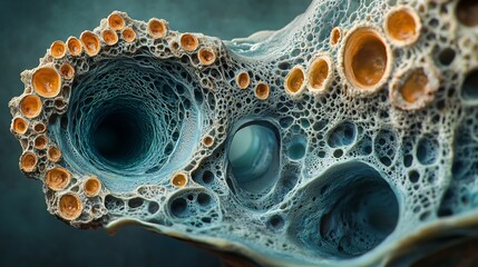 Intricate teal and orange organic forms beautifully arranged create a surreal deep space landscape. AI Generated