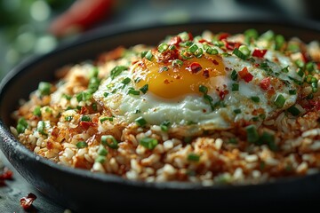 Spicy fried rice, fried egg, chili, herbs. Delicious meal, food blog