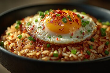 Fried rice, sunny-side egg, chili flakes, close-up