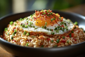 Fried rice, sunny-side egg, chives, restaurant