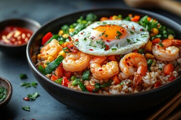 Shrimp fried rice bowl with egg, vegetables