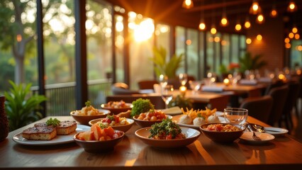 Fototapeta premium A serene dining setting with a table full of food and a window view