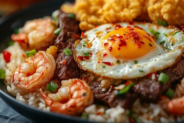 Delicious fried rice with shrimp, beef, and egg