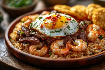 Delicious Asian shrimp beef rice, fried egg