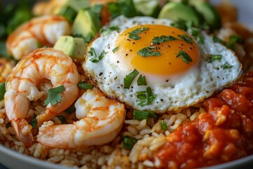 Shrimp, avocado, egg rice bowl; healthy meal