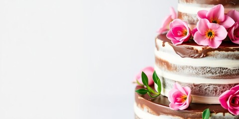 Close up of elegant three tier wedding chocolate cake decorated with beautiful pink flowers and greenery, sweet, marriage, elegant