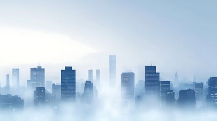 A misty city skyline with towering buildings shrouded in fog.