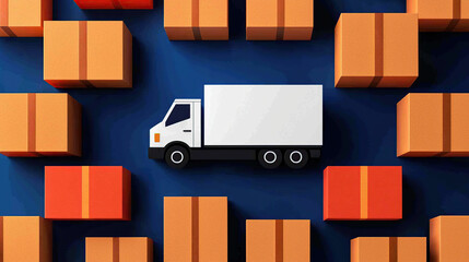white delivery truck surrounded by numerous orange packages on dark blue background, illustrating concept of efficient logistics and free shipping