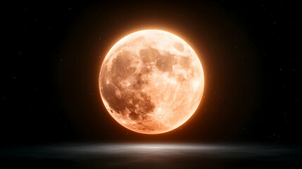 Naklejka premium Glowing orange full moon shines brightly in the dark starry night sky above a misty horizon.