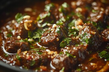 Beef stew, close-up, herbs, dark sauce, cooking