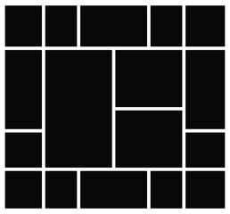 Grid photo collage template mood board. Black mosaic art grid arrangement. Picture frame composition portfolio collection. comics page grid layout abstract photo frames.