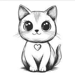 Obraz premium a cute cat outline doodle easy to draw black and white thick linesno shading no detail cat has heart pupils
