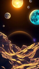 Alien Planet Landscape With Multiple Moons And Stars
