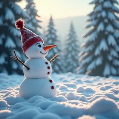 Obraz premium A cheerful snowman, crafted from snow, with a carrot nose and a warm smile