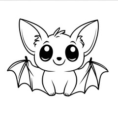 Simple outline drawing line art vector graphic logo in the style of a cute baby funny bat on a white background coloring page for children in cartoon style Thick bold