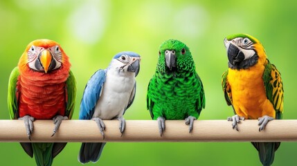 Obraz premium Vibrant Group of Colorful Exotic Parrots Perched on a Natural Wooden Branch Against a Blurred Green Background