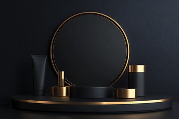 Black podium with a golden circle for product presentation on a dark background with three cosmetic tube. Vector illustration in a minimalist style,