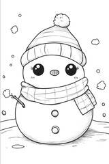 very minimalistic snowman kawaii cartoon style thick lines very low detail black and white no shade no color kids coloring book