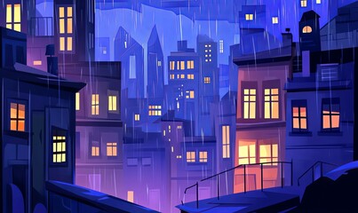Rainy night cityscape, buildings with glowing windows, rain falling