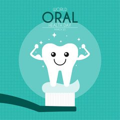 World oral health day. March 20. Muscular cute teeth character. Poster or banner.