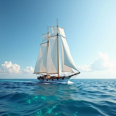 A majestic sailboat glides through the ocean, its sails billowing in the wind