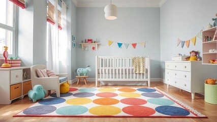 Kids bedroom featuring a stylish crib with colorful rug, rug, colorful, playful