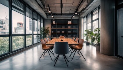 Modern office meeting room, city view, minimalist design, collaboration