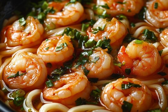 Spicy shrimp udon noodle soup, close-up