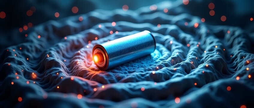 A cylindrical object with a glowing orange core, surrounded by a blue fabric with red dots