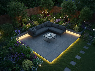 A modern outdoor living space sofa on a raised concrete patio illuminated by dramatic LED strip lighting along its perimeter.A contemporary seating area designed and landscaped garden