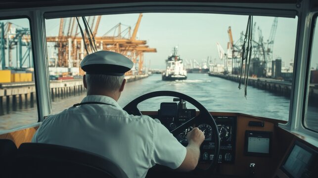 A ship captain navigating through a busy port, with ships and cranes visible through the windows, Bridge of a ship scene