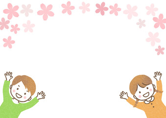 笑顔の子供と桜のフレーム