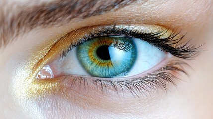 Obraz premium Close-up of a woman's blue eye with gold eyeshadow