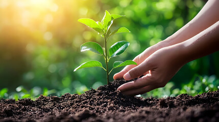 Hands planting a young tree in rich soil, surrounded by lush greenery and sunlight