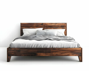 Modern Wooden Bed 3D Render Illustration: Rustic Bedroom Design with Gray Bedding