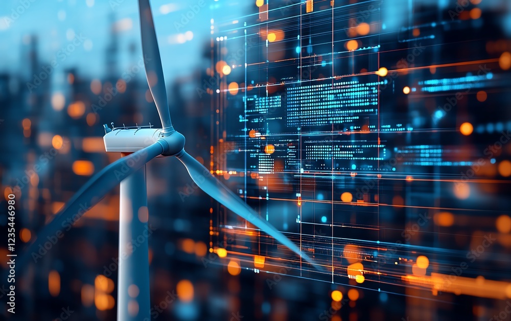 Leinwandbilder closeup of a wind turbine against a backdrop of dynamic data analytics