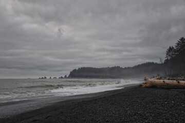 Rialto Beach beach and ocean island views at dusk in Olympic National Park, Washington State, USA. 