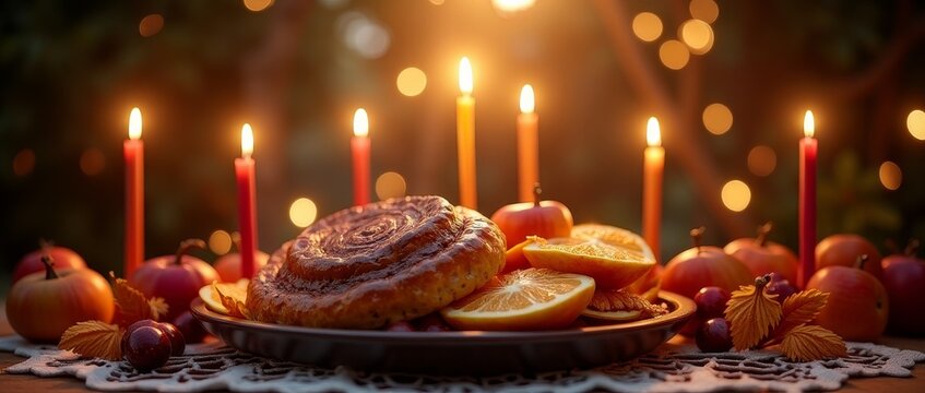 A plate of orange slices and a pastry, surrounded by candles and fruit, evokes a cozy autumnal atmosphere