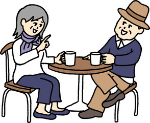 カフェで談笑する老夫婦