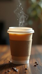 A steaming cup of coffee in a disposable cup