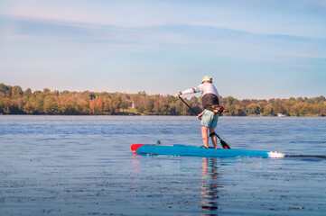A male sportsman on a stand-up paddleboard in the blue waters of a lake with green yellow red trees on the lakeshore in background