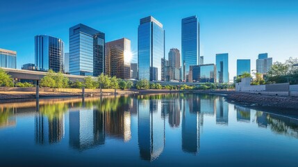 Fototapeta premium Contemporary urban skyline with reflective glass skyscrapers and sleek office buildings under a clear blue sky.