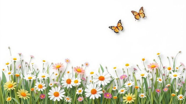 Daisy field vector illustration with paper cut style, spring flowers, grass border, colorful butterfly, field, flowers, pattern