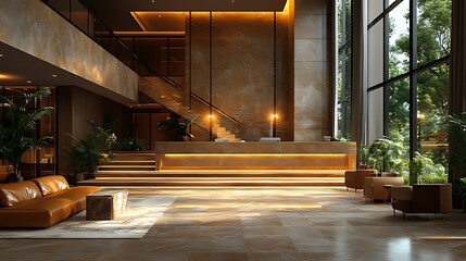 Fototapeta premium Luxurious hotel lobby reception, sunlight, plants, stairs