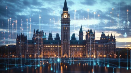 Naklejka premium Digital charts rise in front of a stately parliament building, showcasing the intersection of technology, economics, and politics.