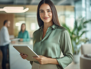 Confident Businesswoman Holding a Tablet in Modern Office. Smiling businesswoman in a green blouse holding a tablet in a bright, modern office environment.