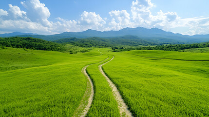 Fototapeta premium Winding road through green valley, mountain backdrop, sunny day, travel poster