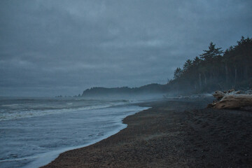 Rialto Beach beach and ocean island views at dusk in Olympic National Park, Washington State, USA. 
