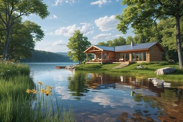 Obraz premium Peaceful Lakeside Retreat in Summer - A Tranquil Escape into Nature