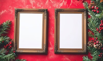 Two blank photo frames with Christmas decor on red background for holiday greetings